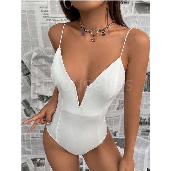 Plunging V Neck White Slim Fit Cami Bodysuit Stretchy - Picture 6 of 11